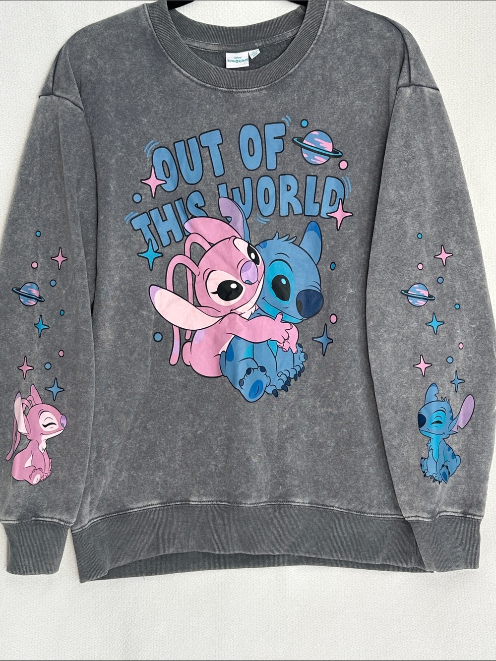 Disney Gray Crewneck Sweatshirt with Pink & Blue Lilo & Stitch Graphic